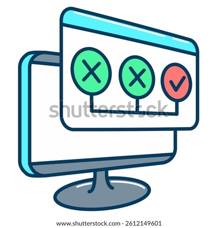 Trial and error icon represented by monitor, cross mark, check mark Lineal Color style.