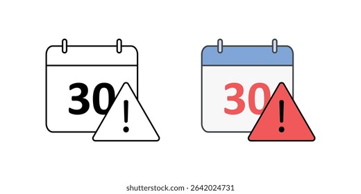 Trial expiration alert icon with a calendar and exclamation mark, in outline and color styles, ideal for SaaS deadline reminders and subscription end notifications.