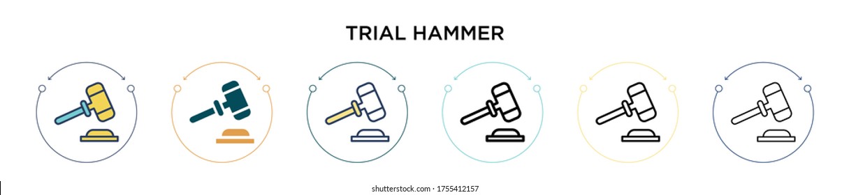 Trial hammer icon in filled, thin line, outline and stroke style. Vector illustration of two colored and black trial hammer vector icons designs can be used for mobile, ui, web
