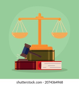 trial justice scale, gavel and books