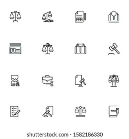 Trial line icon set. Scale, judge gavel, case. Justice concept. Can be used for topics like courthouse, court, law