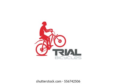 Trial Mountain Bike Rider silhouette Logo design vector template.
Extreme sports biker jumping concept icon. Bicycle store shop Logotype