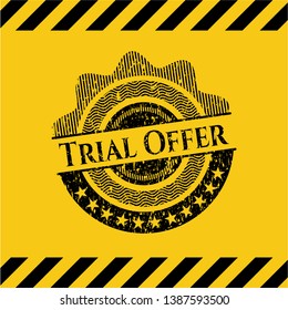 Trial Offer black grunge emblem, yellow warning sign. Vector Illustration. Detailed.