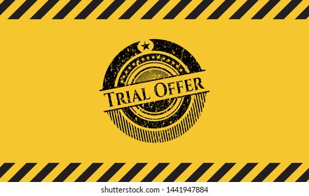 Trial Offer black grunge emblem with yellow background. Vector Illustration. Detailed.