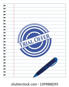 Trial Offer draw with pen effect. Blue ink. Vector Illustration. Detailed.