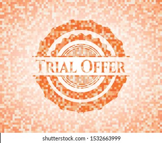 Trial Offer orange tile background illustration. Square geometric mosaic seamless pattern with emblem inside.