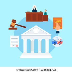 Trial Procedure Symbols Flat Vector Illustration. Magistrate in Court Cartoon Character. Witness Testimony. Lawyer, Attorney Hand on Legal Book. Auto, Life, Property Insurance. Supreme Courthouse
