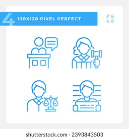 Trial process participants pixel perfect gradient linear vector icons set. Law punishment for criminal. Thin line contour symbol designs bundle. Isolated outline illustrations collection