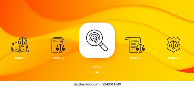 Trial set icon. Court, judge gavel, hammer, law, constitution, investigation, attorney, jurist, defense, suspect, defendant. Justice concept. Infographic timeline with 5 steps. Vector line icon