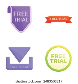 Trial tag icons set cartoon vector. Free trial badge and sticker. Promotion strategy