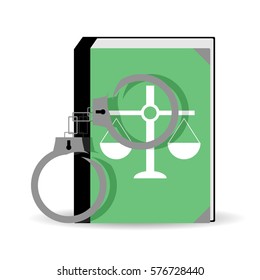 Trial verdict. Constitution and handcuffs, verdict and law, vector illustration