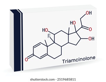 Triamcinolone glucocorticoid molecule. It is used to treat a wide variety of inflammatory conditions. Skeletal chemical formula. Paper packaging for drugs. Vector illustration