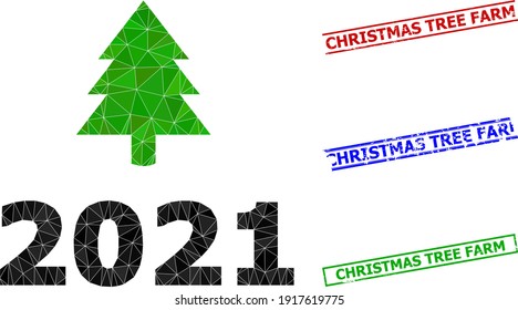Triangle 2021 fir tree polygonal icon illustration, and scratched simple Christmas Tree Farm rubber seals. 2021 Fir Tree icon is filled with triangles. Simple seals uses lines, rects in red, blue,