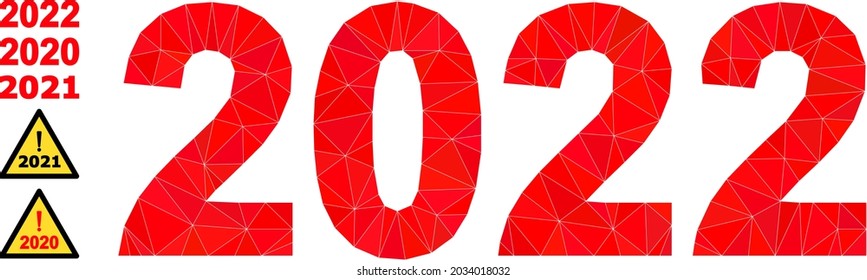 Triangle 2022 year digits polygonal icon illustration, and similar icons. 2022 Year Digits is filled with triangles. Low-poly 2022 year digits designed with chaotic color triangles.