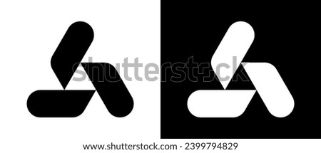 Triangle with 3 rounded shapes as logo, icon or design element. Black shape on a white background and the same white shape on the black side.