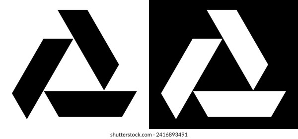 Triangle with 3 trapezium as logo, icon or design element. Black shape on a white background and the same white shape on the black side.