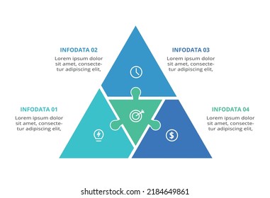 Triángulo con 4 elementos, plantilla infográfica para web, negocios, presentaciones, ilustración vectorial. Visualización de datos empresariales.