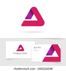 Triangle abstract vector logo, red gradient logotype isolated, modern trendy geometry elegant rounded symbol with business card template