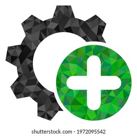 Triangle add settings gear polygonal icon illustration. Add Settings Gear lowpoly icon is filled with triangles. Flat filled abstract mesh image based on add settings gear icon.
