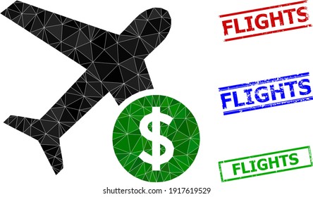 Triangle airflight price polygonal icon illustration, and textured simple Flights stamp prints. Airflight Price icon is filled with triangles. Simple stamp seals uses lines, rects in red, blue,