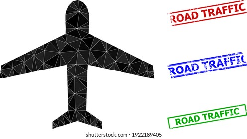 Triangle airplane polygonal symbol illustration, and unclean simple Road Traffic watermarks. Airplane icon is filled with triangles. Simple watermarks uses lines, rects in red, blue, green colors.