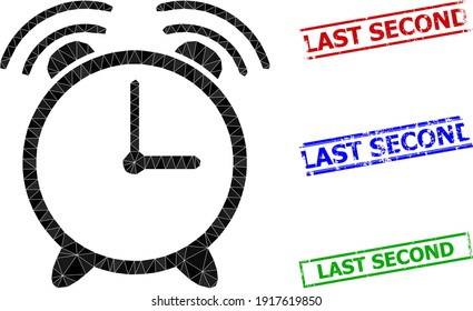 Triangle alarm clock polygonal icon illustration, and grunge simple Last Second stamp prints. Alarm Clock icon is filled with triangles. Simple watermarks uses lines, rects in red, blue, green colors.