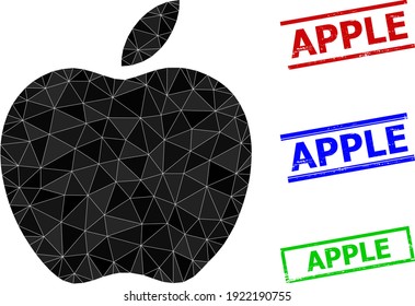 Triangle apple polygonal icon illustration, and scratched simple Apple stamp seals. Apple icon is filled with triangles. Simple seals uses lines, rects in red, blue, green colors.