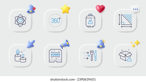 Triangle area, Gas cylinder and Atom line icons. Buttons with 3d bell, chat speech, cursor. Pack of Aroma candle, Winner ticket, 360 degrees icon. Delivery warning, Food delivery pictogram. Vector