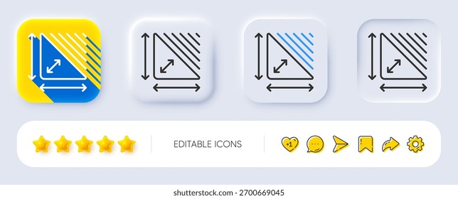 Triangle area line icon. Neumorphic, Flat shadow, 3d buttons. Plan dimension sign. Territory measurement symbol. Line triangle area icon. Social media icons. Vector