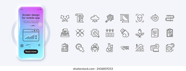 Triangle area, Methodology and Click here line icons for web app. Phone mockup gradient screen. Pack of Face detection, Web traffic, Project deadline pictogram icons. Vector