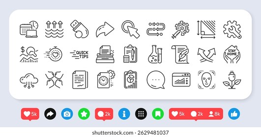 Triangle area, Methodology and Click here line icons pack. Social media: share, comment, like icons. Face detection, Web traffic, Project deadline web icon. Vector