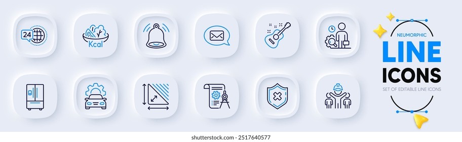 Área de triángulo, protección de rechazo e iconos de línea de alerta de campana para App de Web. Paquete de Messenger, servicio 24h, iconos de pictogramas de guitarra. Equipo de ingeniería, documento divisor, inspeccionar signos. Ensalada. Vector