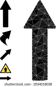 Triangle up arrow polygonal symbol illustration, and similar icons. Up Arrow is filled with triangles. Low-poly up arrow combined with scattered filled triangles.