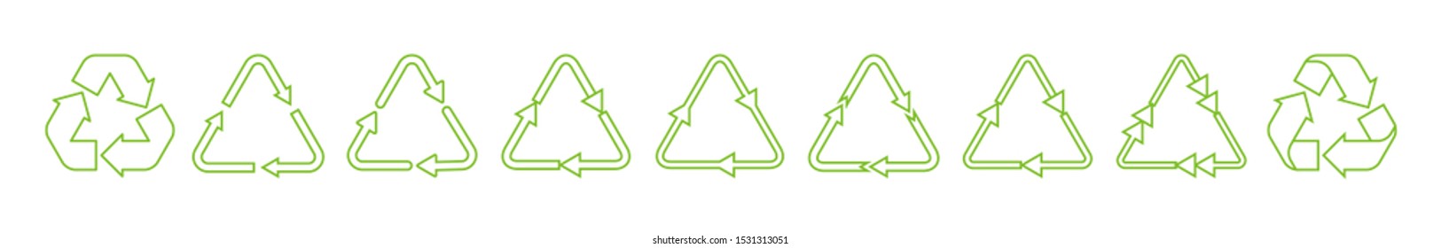 Triangle Arrows Recycle Icons Set Vector Illustration. Contour Arrow Reuse Process Or Lyfecycle Symbols In Triangle Shape For Enviromental Presentation Or Eco Friendly Services Website