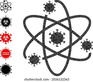 Virus de átomo triangular, ilustración 2d poligonal e iconos similares. Los virus átomos están llenos de triángulos. Virus de átomo de popa baja construidos con triángulos llenos de caos.