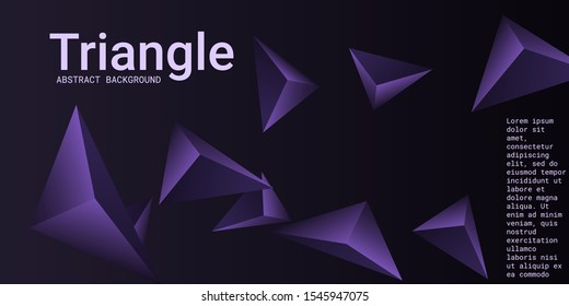Triangle background. Abstract composition of triangular pyramids. 3D vector illustration . Minimal geometric background.  Violet  three-dimensional triangular pyramids in space.