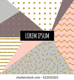 Triangle background with geometric shapes, elements with gold patterns in hipster style. 