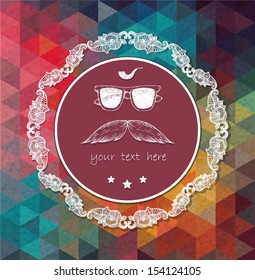 Triangle  background with hipster label, hand drawn elements.