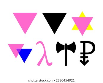 Triangle badges LGBT, biangles for bisexuality, lambda for gay liberation. LGBT signs symbols set. Labrys for lesbian feminism, Pansexual symbol.
