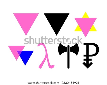 Triangle badges LGBT, biangles for bisexuality, lambda for gay liberation. LGBT signs symbols set. Labrys for lesbian feminism, Pansexual symbol.