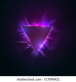 Triangle banner on a dark background. Around the lightning. The energy of nature.