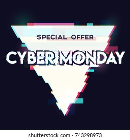 Triangle banner, sign, label with cyber monday inscription in distorted glitch style on black background. Design element for event advertising, branding, shares, promotion. Vector illustration.