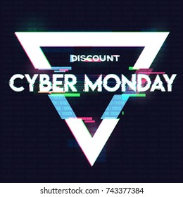 Triangle banner, sign, label with cyber monday inscription in distorted glitch style on black background. Design element for event advertising, branding, shares, promotion. Vector illustration.