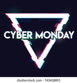 Triangle banner, sign, label with cyber monday inscription in distorted glitch style on black background. Design element for event advertising, branding, shares, promotion. Vector illustration.