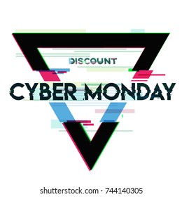 Triangle banner, sign, label with cyber monday inscription in distorted glitch style on white background. Design element for event advertising, branding, shares, promotion. Vector illustration.