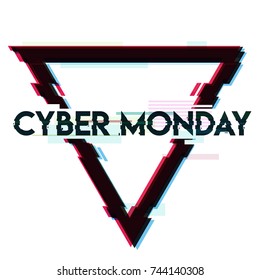 Triangle banner, sign, label with cyber monday inscription in distorted glitch style on white background. Design element for event advertising, branding, shares, promotion. Vector illustration.