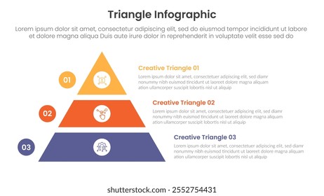 banner de modelo infográfico de forma de base de triângulo com pilha de fatias de pirâmide grande com 3 pontos para vetor de apresentação de slide