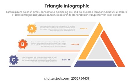 Anuncio de la Plantilla de la infografía de la forma de la base del triángulo con el triángulo agudo y el envase de la caja junto en la posición izquierda con 3 puntos para el Vector de la presentación de la diapositiva