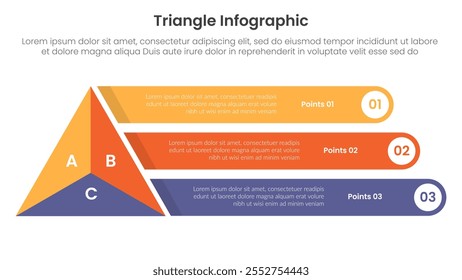 Anuncio de Plantilla de infografía de forma de base de triángulo con triángulo grande con pila de rectángulo redondo largo con 3 puntos para Vector de presentación de diapositivas