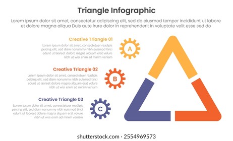 triangle base shape infographic template banner with thick outline triangle with gear point alongside side with 3 point for slide presentation vector
